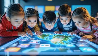 A diverse group of children engaging with a digital screen, illustrating various elements of digital citizenship for responsible online behavior.