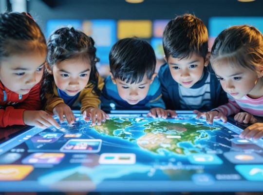 A diverse group of children engaging with a digital screen, illustrating various elements of digital citizenship for responsible online behavior.