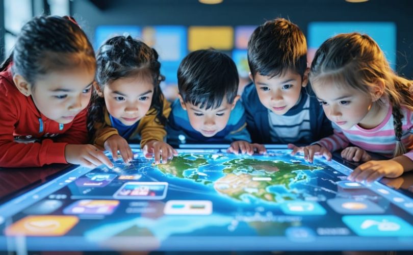 A diverse group of children engaging with a digital screen, illustrating various elements of digital citizenship for responsible online behavior.