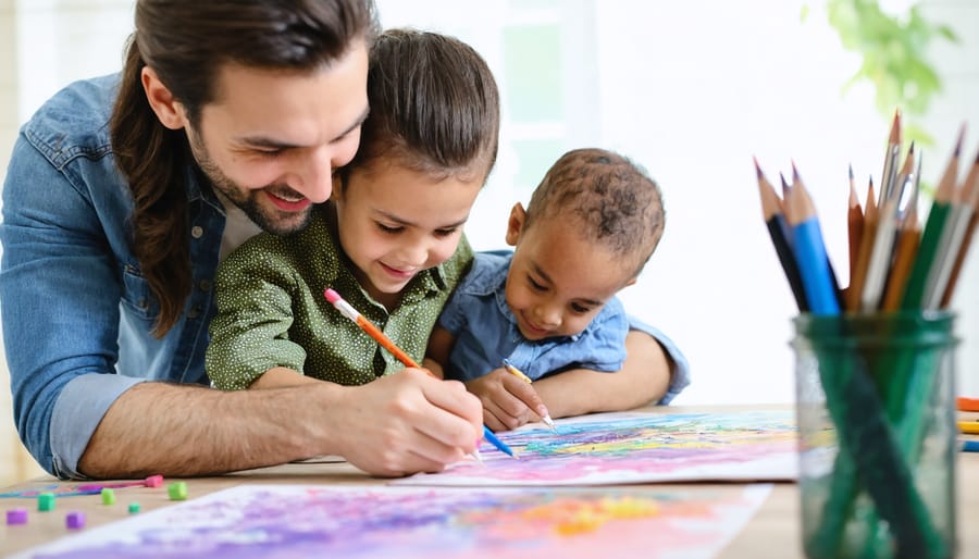 Family members participating in therapeutic art activity together, showing emotional connection