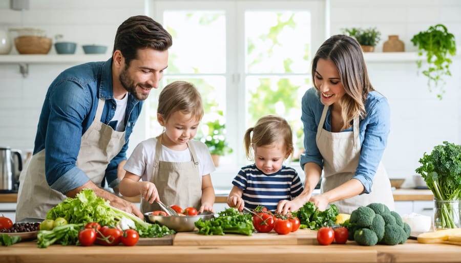 Parents and children cooking healthy food together, showing family engagement in meal preparation