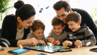 A family enjoying a board game together in a cozy, warm setting, symbolizing breaking free from phone addiction and achieving digital balance.