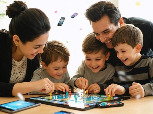 A family enjoying a board game together in a cozy, warm setting, symbolizing breaking free from phone addiction and achieving digital balance.