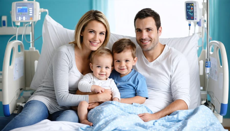 Family gathered supportively around child's hospital bed, sharing a positive moment despite medical setting
