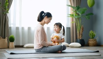 Parent and child practicing mindfulness together in a cozy room with soft lighting, plants, and meditation cushions, highlighting a peaceful and supportive environment for managing depression.