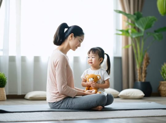 Parent and child practicing mindfulness together in a cozy room with soft lighting, plants, and meditation cushions, highlighting a peaceful and supportive environment for managing depression.