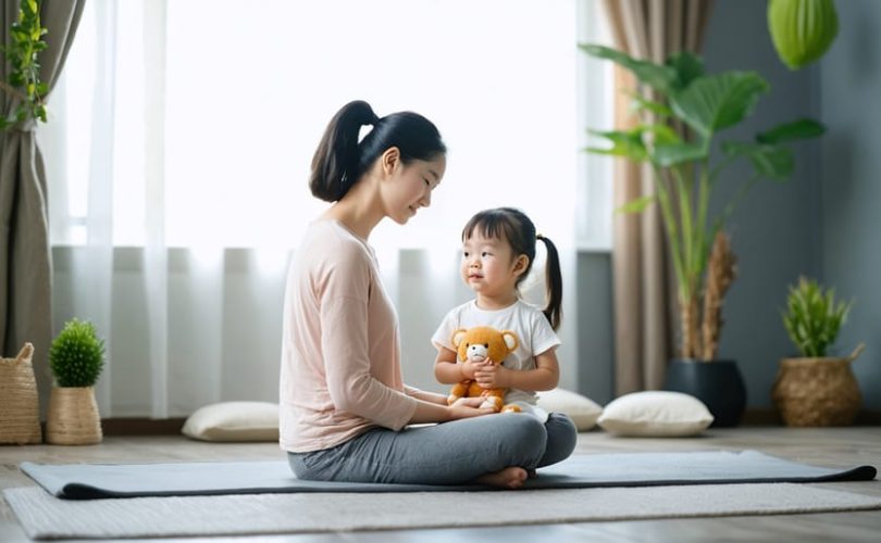 Parent and child practicing mindfulness together in a cozy room with soft lighting, plants, and meditation cushions, highlighting a peaceful and supportive environment for managing depression.
