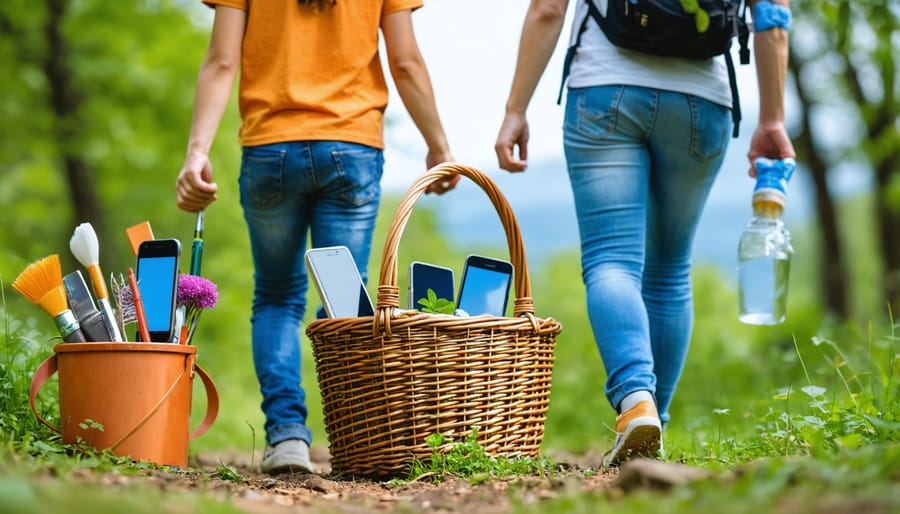 Family enjoying outdoor activities while phones are stored away in a dedicated container