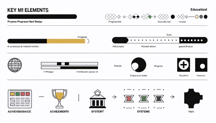 Visual representation of gamification elements including achievements, levels, and rewards