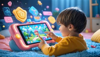 Child enthusiastically engaged in a colorful educational game on a tablet, with visible game elements displaying progress and achievements.