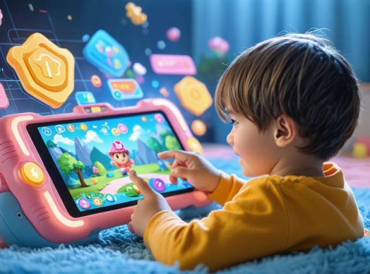 Child enthusiastically engaged in a colorful educational game on a tablet, with visible game elements displaying progress and achievements.