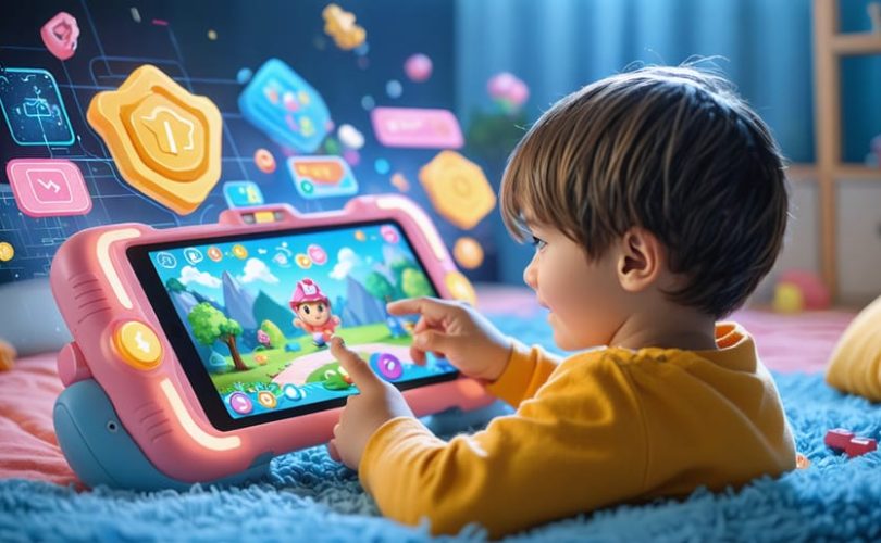 Child enthusiastically engaged in a colorful educational game on a tablet, with visible game elements displaying progress and achievements.