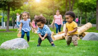 Group of diverse children playing and exploring in an urban park with natural playground elements, showcasing the benefits of green spaces for child development.