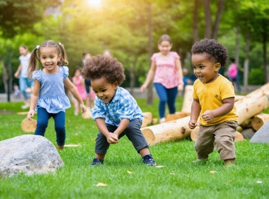 Group of diverse children playing and exploring in an urban park with natural playground elements, showcasing the benefits of green spaces for child development.