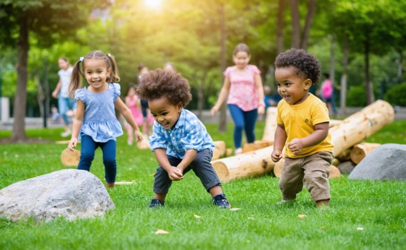 Group of diverse children playing and exploring in an urban park with natural playground elements, showcasing the benefits of green spaces for child development.