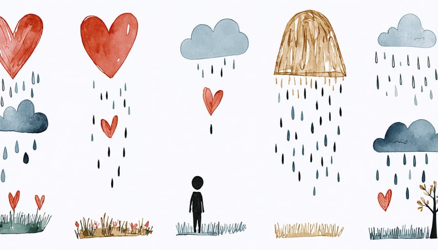 Display of various children's artwork expressing grief through different symbols and colors