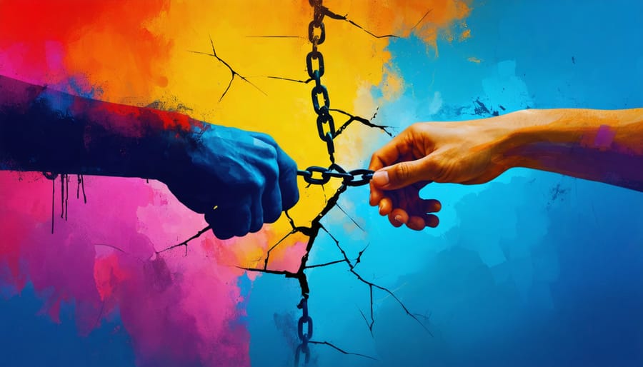 Symbolic image of broken relationship bonds with hands trying to reconnect
