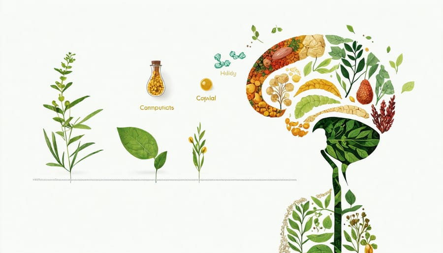 Diagram of herbal compounds and their interaction with neurotransmitters in a child's developing brain