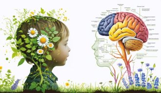 Conceptual illustration showing the interaction between herbal compounds such as chamomile, lemon balm, and passionflower with neurotransmitter receptors in a child's developing brain.