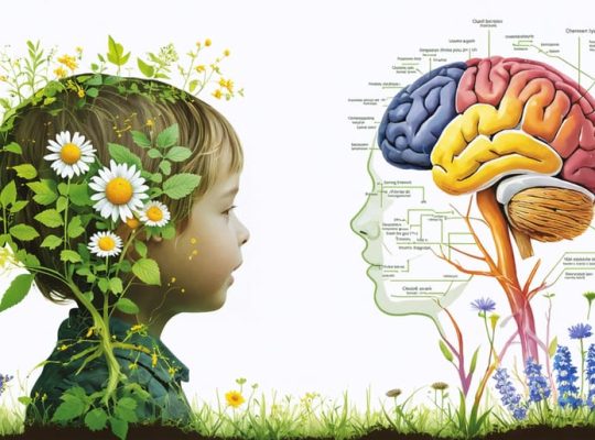 Conceptual illustration showing the interaction between herbal compounds such as chamomile, lemon balm, and passionflower with neurotransmitter receptors in a child's developing brain.