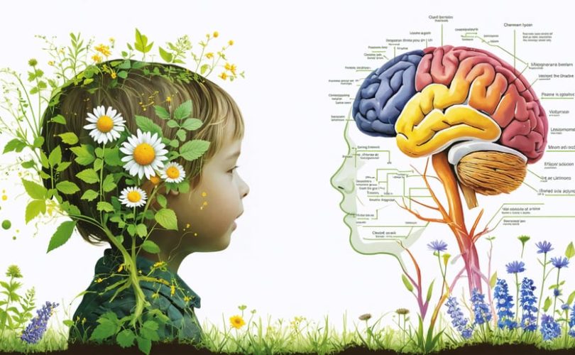 Conceptual illustration showing the interaction between herbal compounds such as chamomile, lemon balm, and passionflower with neurotransmitter receptors in a child's developing brain.