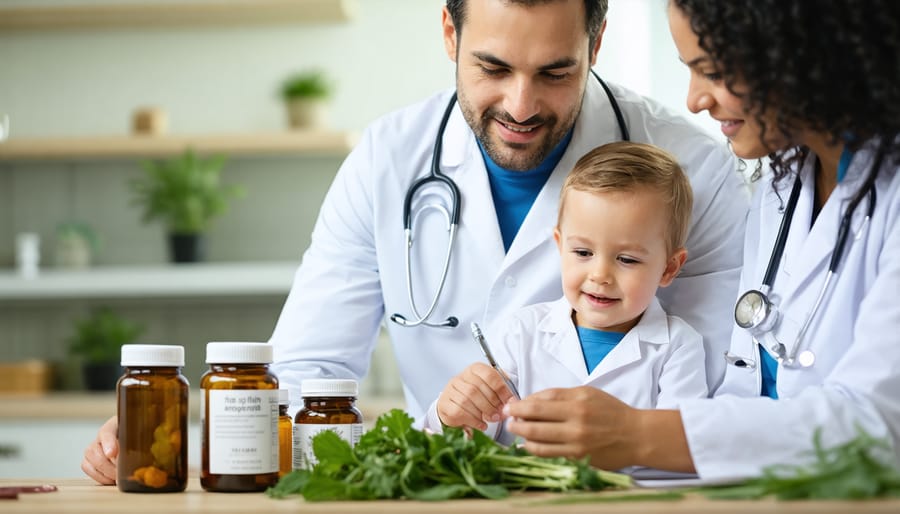 Doctor discussing herbal remedies with mother and child in medical office