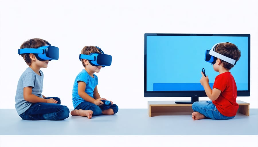 Two children playing multiplayer VR game showing both real-world and in-game interaction