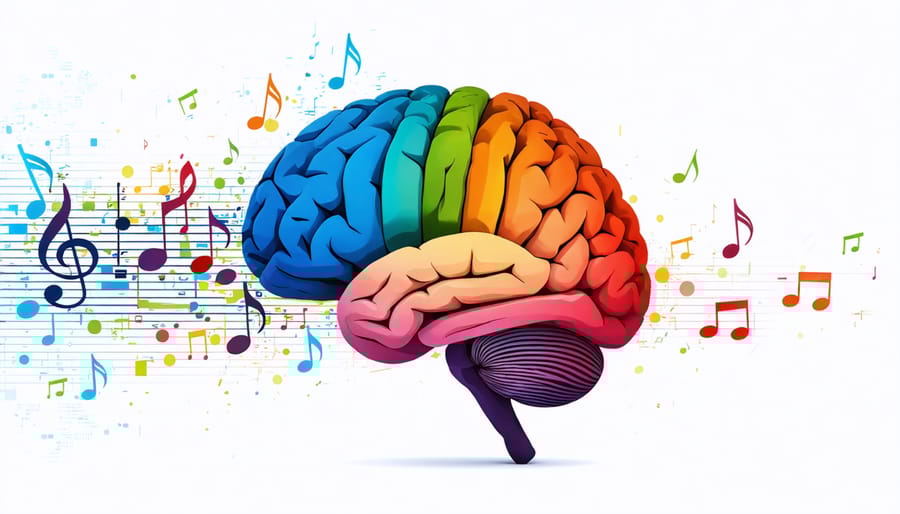 Illustrated diagram of how music affects different emotional centers in the child's brain