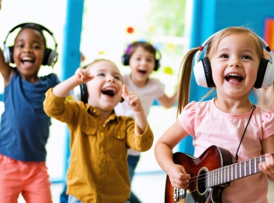 A diverse group of children joyfully engaging with music through dancing, playing instruments, and listening with headphones, representing music's role in enhancing emotional well-being.