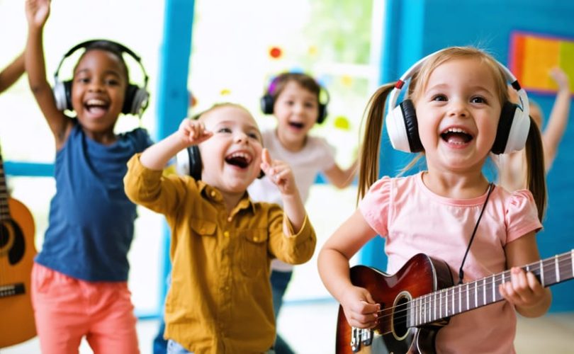 A diverse group of children joyfully engaging with music through dancing, playing instruments, and listening with headphones, representing music's role in enhancing emotional well-being.