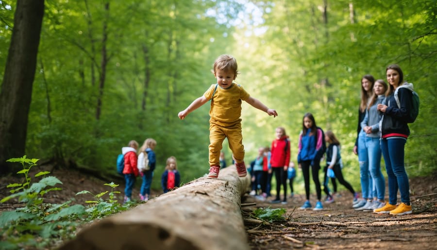 Young children practicing balance and coordination on natural obstacles