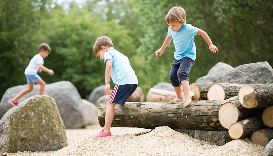 Group of diverse children developing motor skills on natural playground features