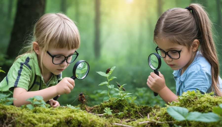 Group of diverse young children using magnifying glasses to explore nature