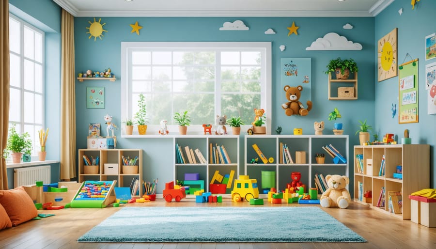 Child-friendly playroom setup with distinct learning areas and organized materials