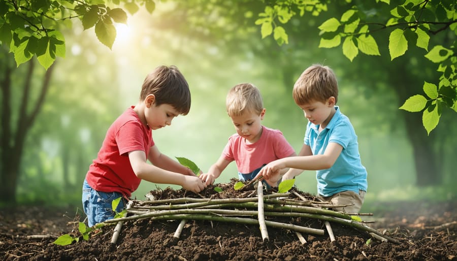 Kids collaborating to construct a shelter using natural materials