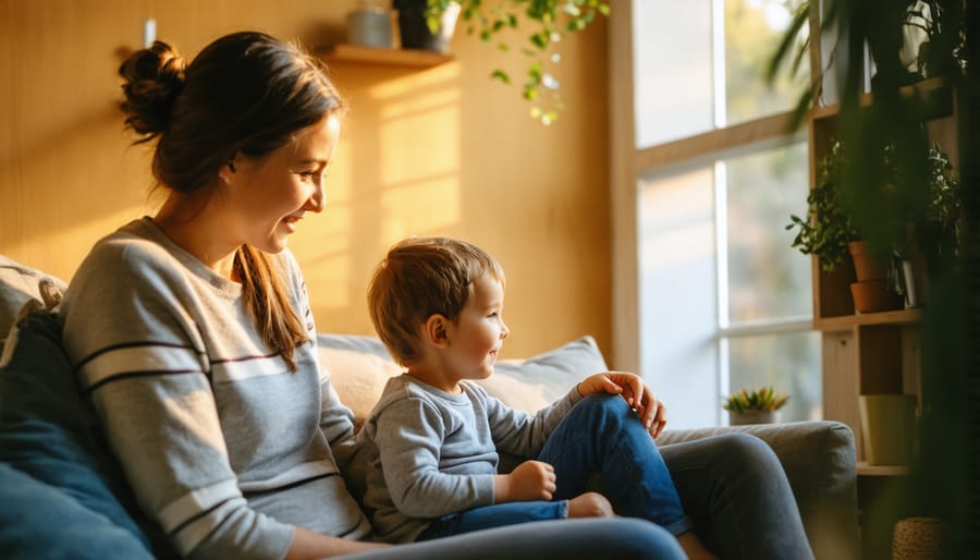 Parent actively listening to child in a comfortable home setting, demonstrating emotional support
