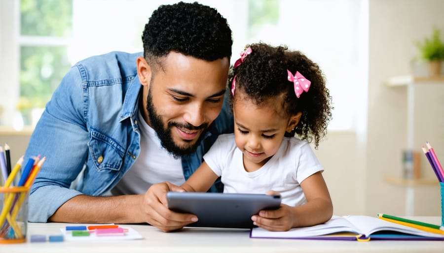 Adult guiding a child through safe online activities on a tablet