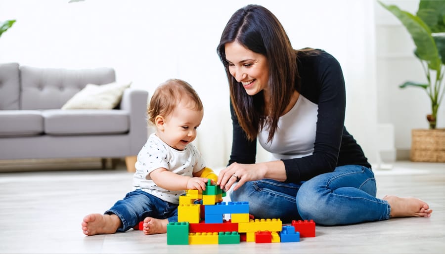 Parent and child bonding while playing with building blocks together
