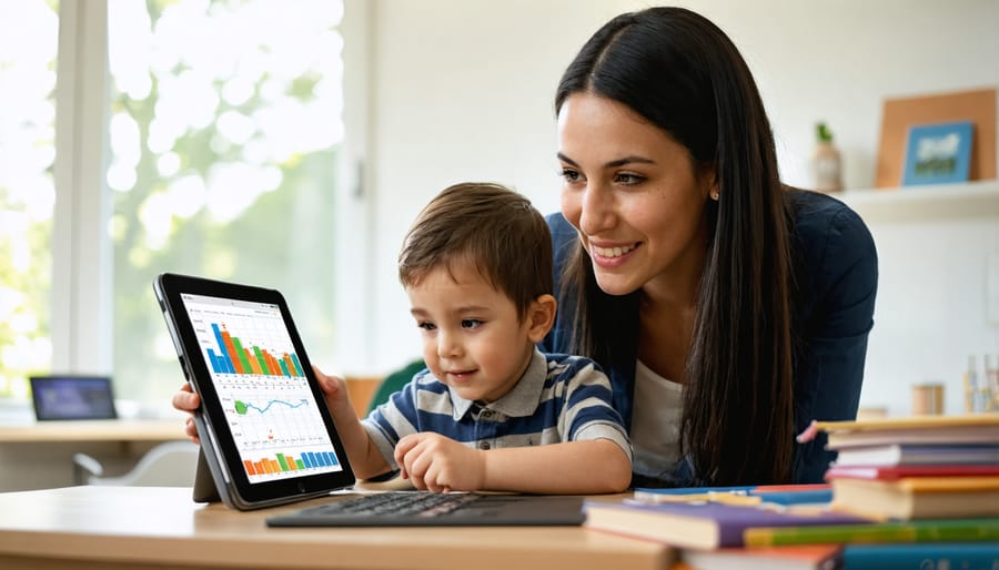 Parent helping child review learning progress on educational gaming platform