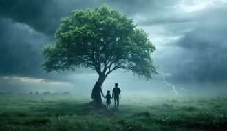 A strong tree standing firm in a storm, with a family gathered underneath, symbolizing parental resilience and family well-being.