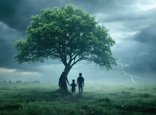 A strong tree standing firm in a storm, with a family gathered underneath, symbolizing parental resilience and family well-being.