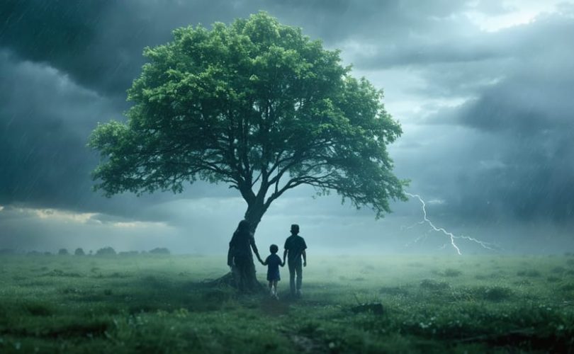 A strong tree standing firm in a storm, with a family gathered underneath, symbolizing parental resilience and family well-being.