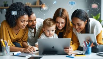 Illustration of a diverse group of parents using digital devices, symbolizing their connection through online support groups and digital communities.