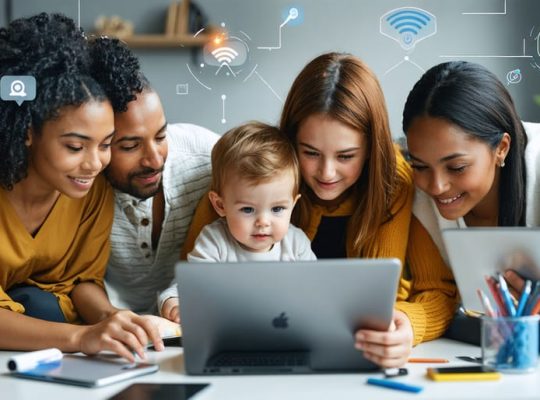 Illustration of a diverse group of parents using digital devices, symbolizing their connection through online support groups and digital communities.