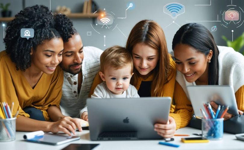 Illustration of a diverse group of parents using digital devices, symbolizing their connection through online support groups and digital communities.
