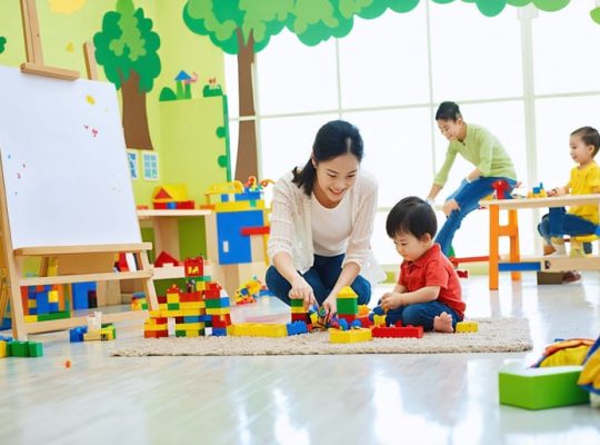 A kindergarten playroom filled with natural light, showcasing various activity zones with children and parents engaged in play-based learning. A parent and child smiling as they play with building blocks, illustrating family bonding through play.