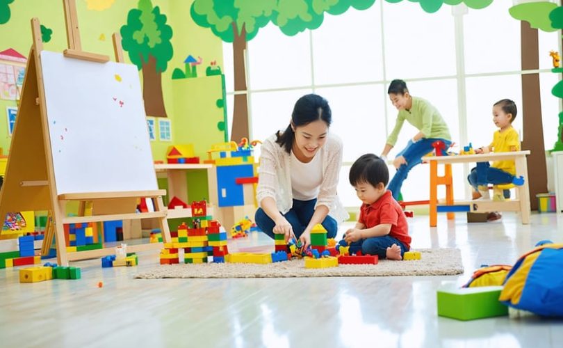 A kindergarten playroom filled with natural light, showcasing various activity zones with children and parents engaged in play-based learning. A parent and child smiling as they play with building blocks, illustrating family bonding through play.