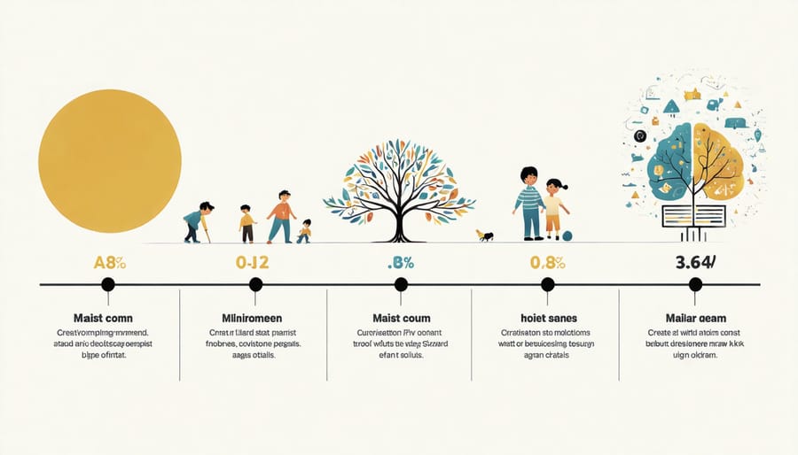 Visual timeline of play-based brain development milestones from infant to school age