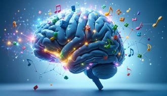 Conceptual illustration of a child's brain highlighted with colorful neural pathways, symbols of dopamine and oxytocin, and playful elements like blocks, musical notes, and toys, symbolizing the impact of play on brain development.