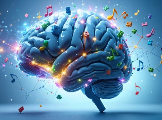 Conceptual illustration of a child's brain highlighted with colorful neural pathways, symbols of dopamine and oxytocin, and playful elements like blocks, musical notes, and toys, symbolizing the impact of play on brain development.